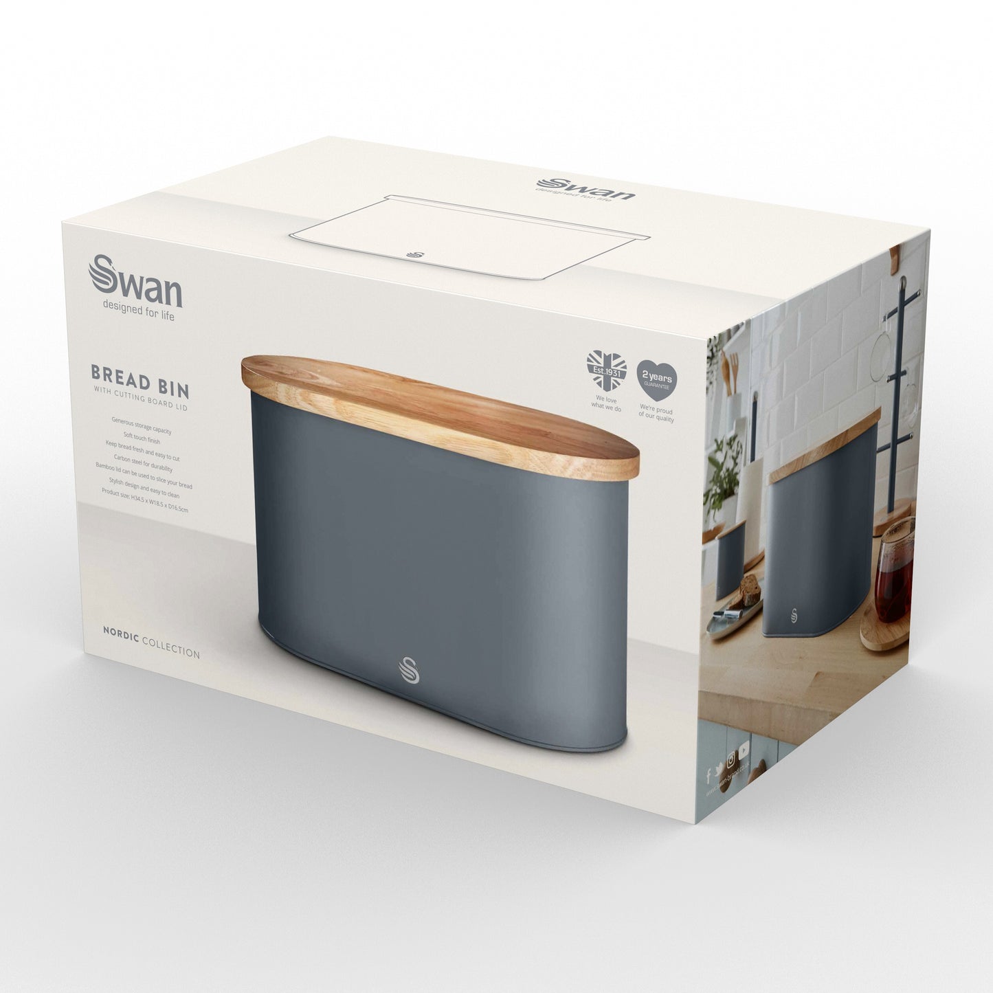 Swan Nordic Grey Bread Bin with Chopping Board Lid SWKA17512GRYN