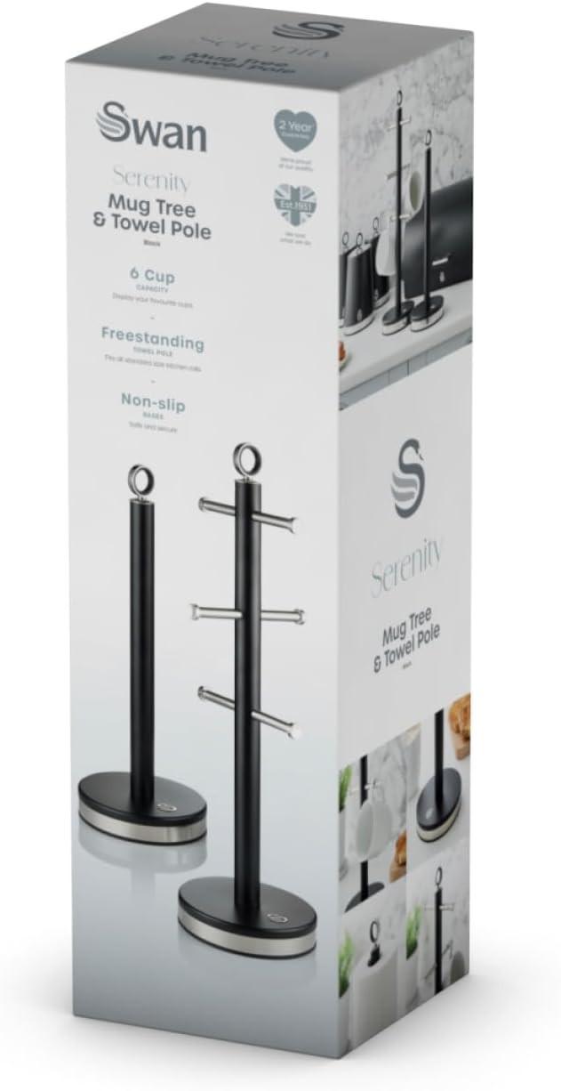 Swan Serenity Towel Pole & Mug Tree Kitchen Set SWKA18537BLK (Black) - Vibe Home