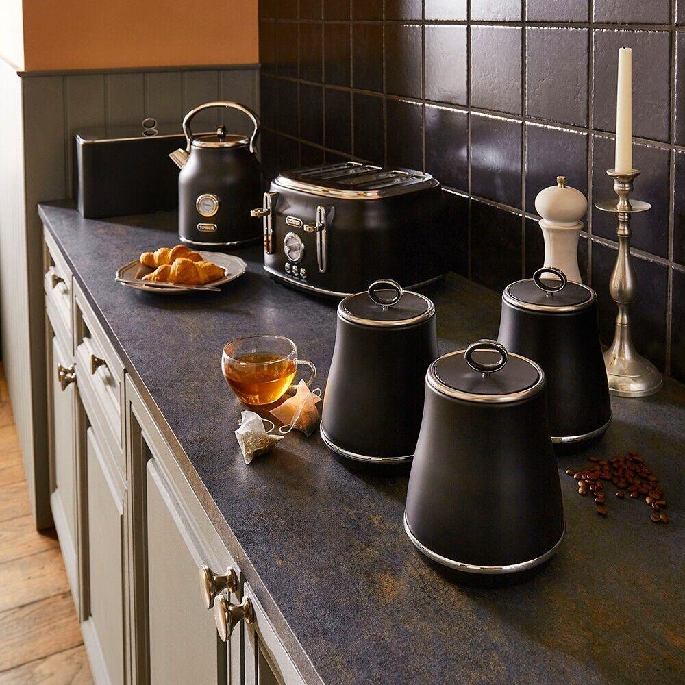 Tower Renaissance Kettle, 4 Slice Toaster, Bread Bin, Canisters Kitchen Set (Black) - Vibe Home