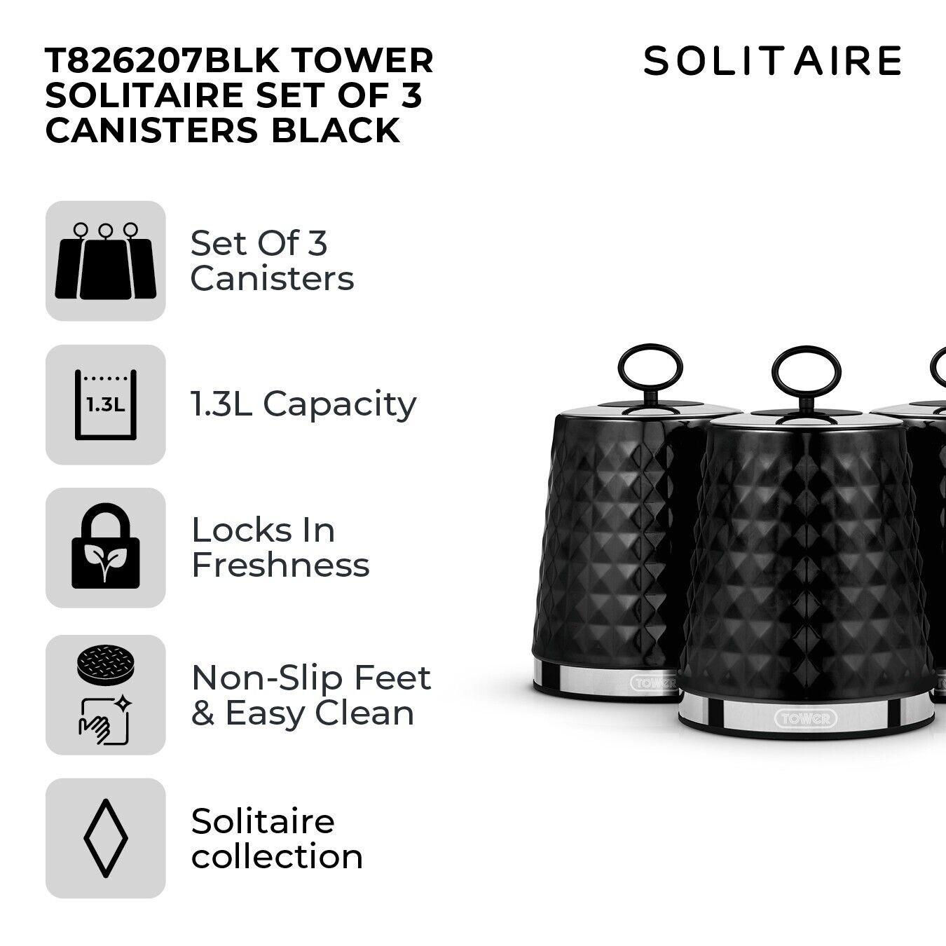 Tower Solitaire Kettle, 2 Slice Toaster, Bread Bin & Canisters Kitchen Set (Black) - Vibe Home