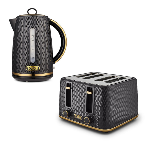 Tower Tower Empire Jug Kettle & 4 Slice Toaster Kitchen Set (Black)