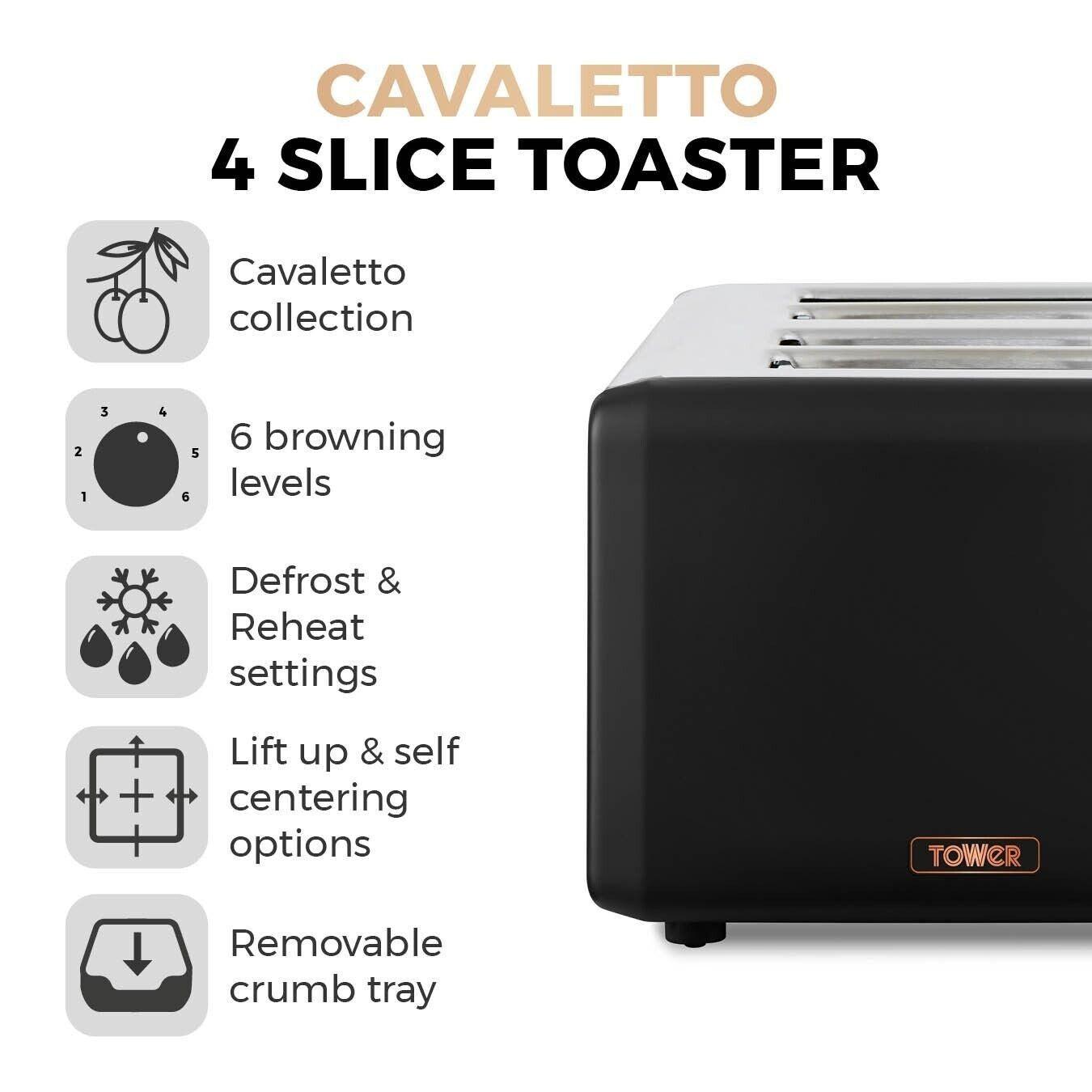 Tower Cavaletto Jug Kettle & 4 Slice Toaster Kitchen Set (Black) - Vibe Home