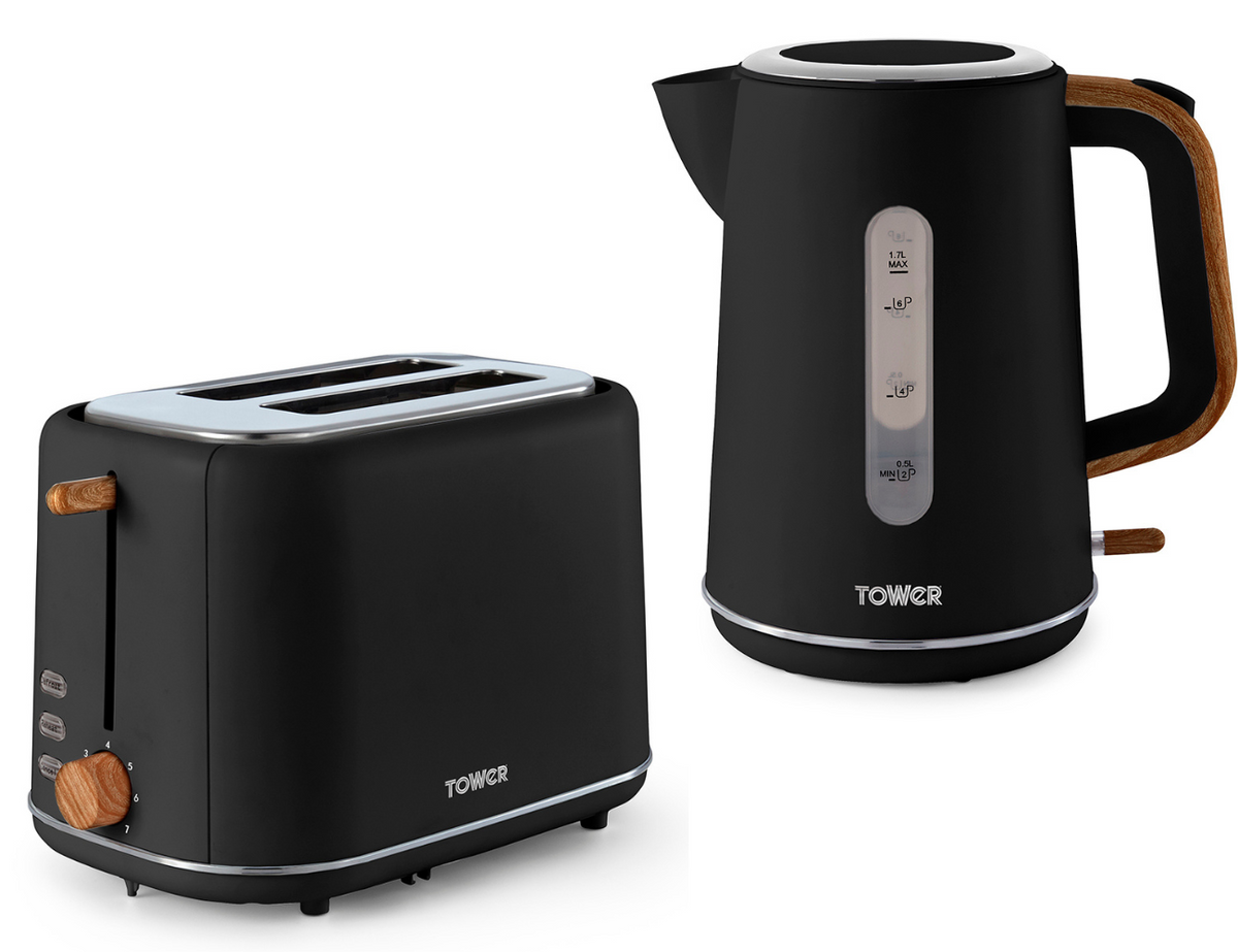 Tower Tower Scandi Kettle & 2 Slice Toaster Kitchen Set (Black)