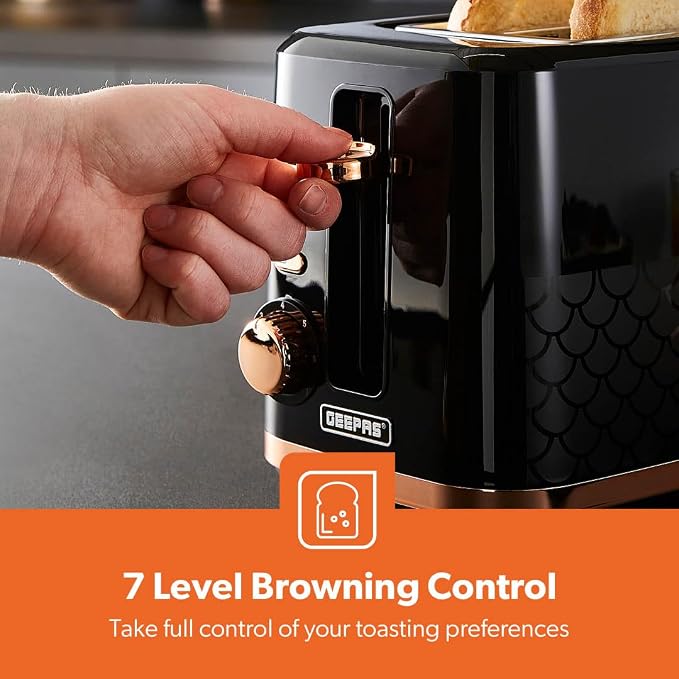 Geepas GEEPAS Aurora Kettle & 2 Slice Toaster Kitchen Set (Black & Rose Gold)
