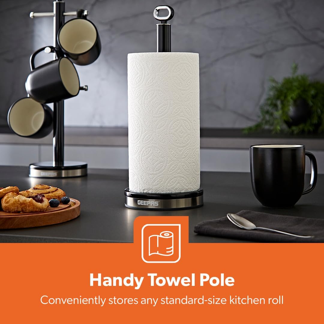 GEEPAS Retrovive Bread Bin, Canisters, Mug Tree & Towel Pole Kitchen Set (Black)