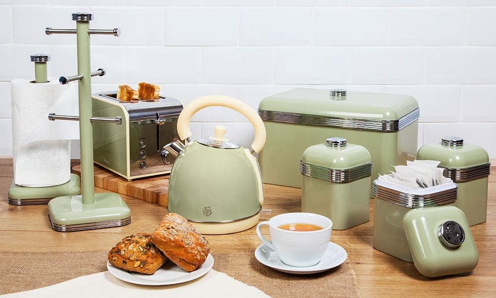 Swan Swan Retro Jug Kettle, 4 Slice Toaster, Bread Bin, Canisters Kitchen Set (Green)