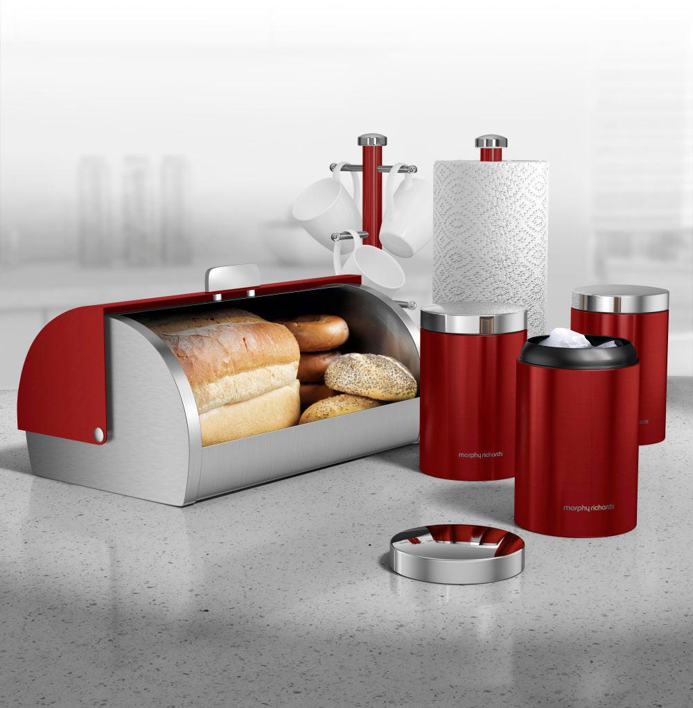 Morphy Richards Accents Bread Bin, Canisters, Towel Pole & Mug Tree Kitchen Set 974100 (Red).