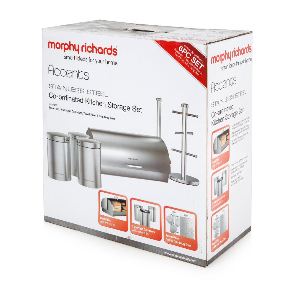Morphy Richards Accents Bread Bin, Canisters, Towel Pole & Mug Tree Kitchen Set 974104 (Silver).