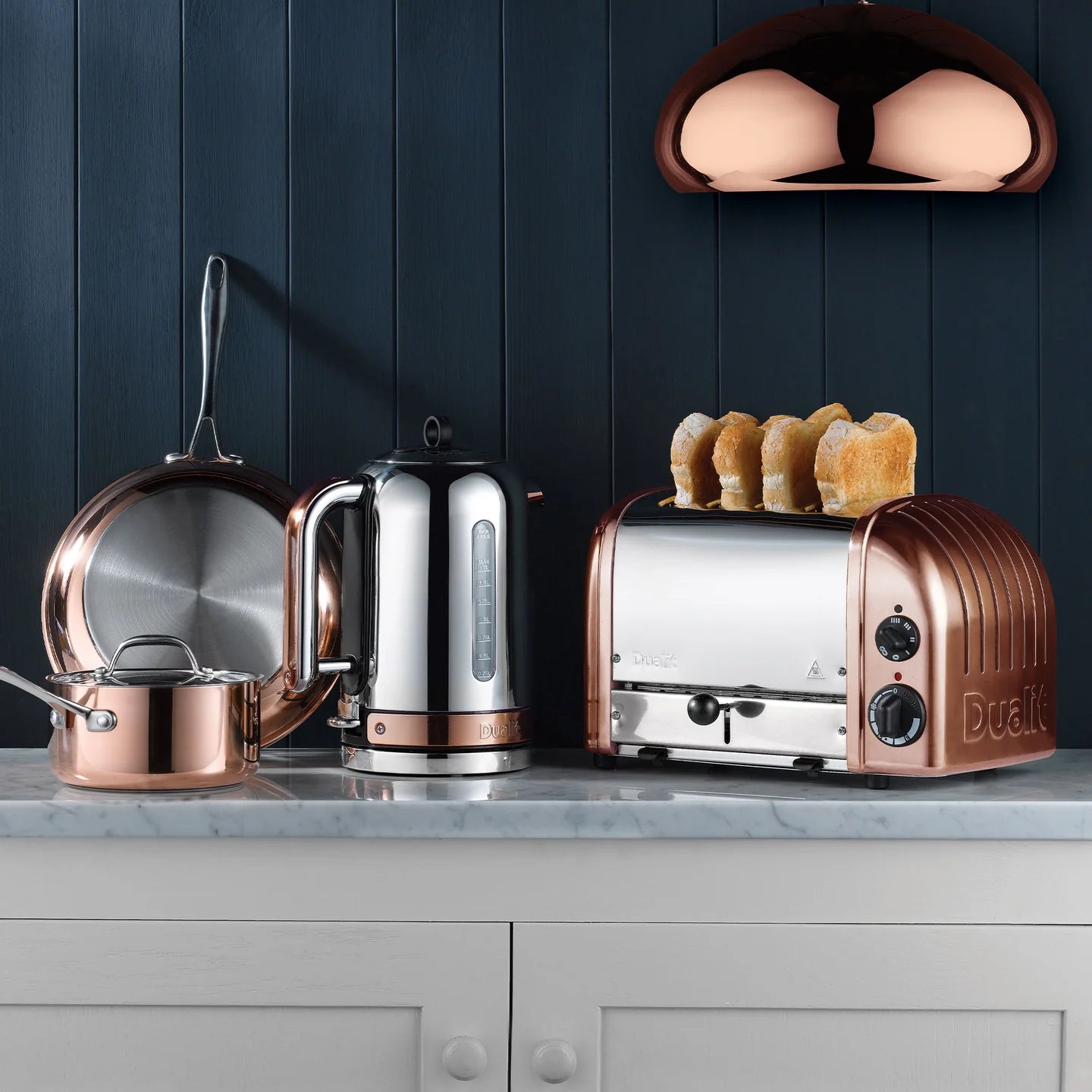 Dualit Classic Silver Kettle & Copper 4 Slice Vario AWS Toaster Kitchen Set