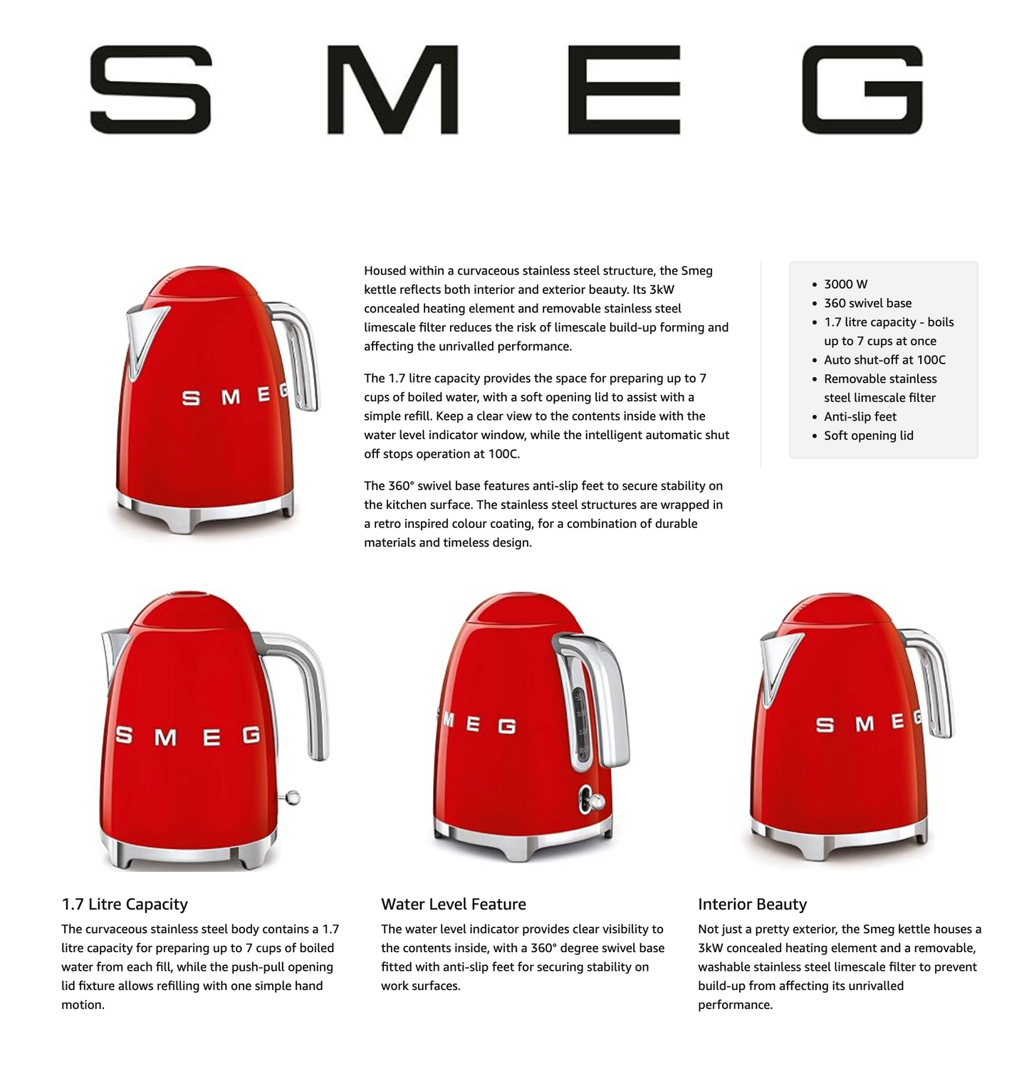 Smeg Retro Kettle Timeless Design KLF03RDUK (Red).