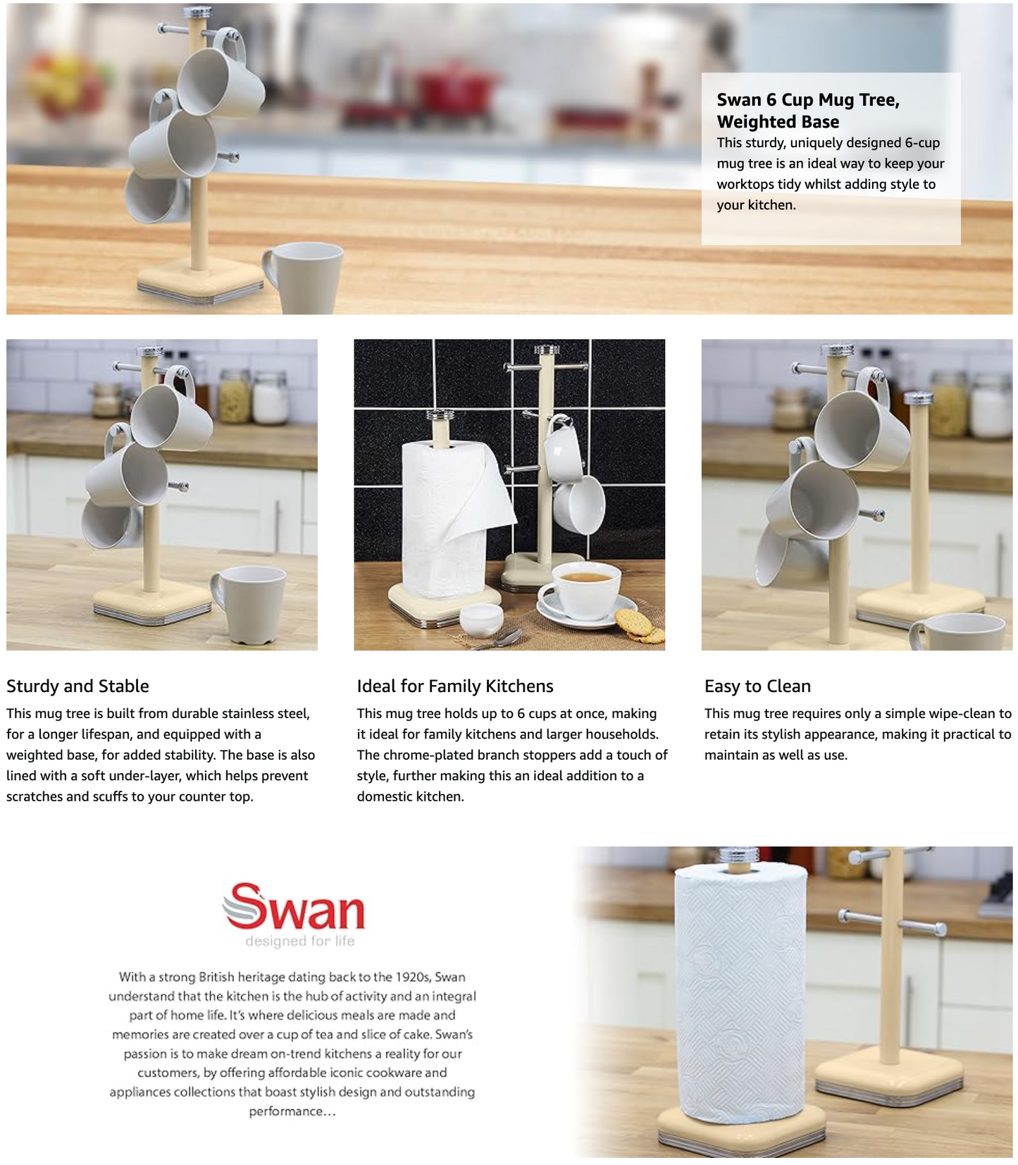 Swan Retro Cream Mug Tree Kitchen Cup Holder SWKA1030CN