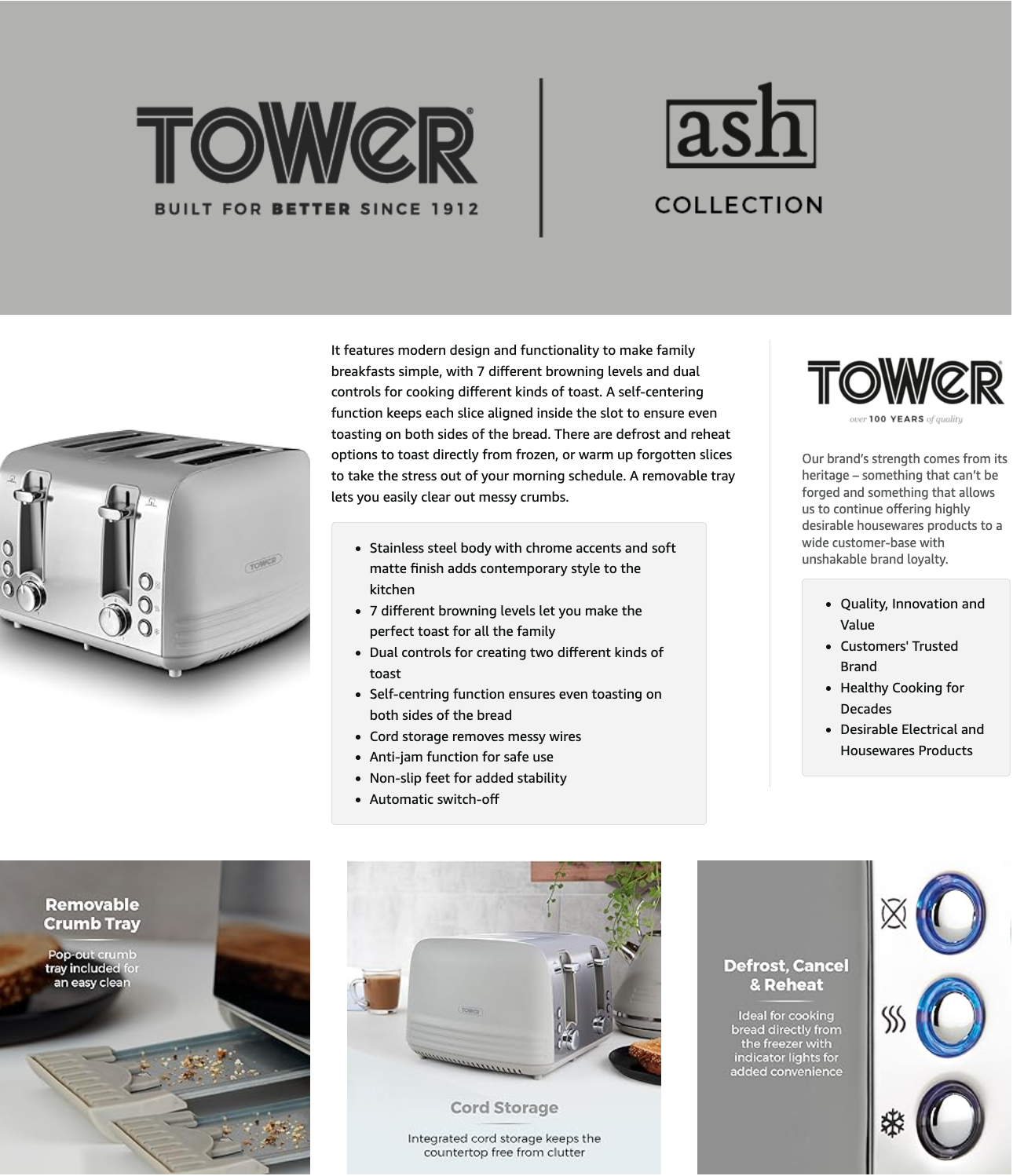 Tower Ash 4 Slice Toaster T20081GRY (Grey)