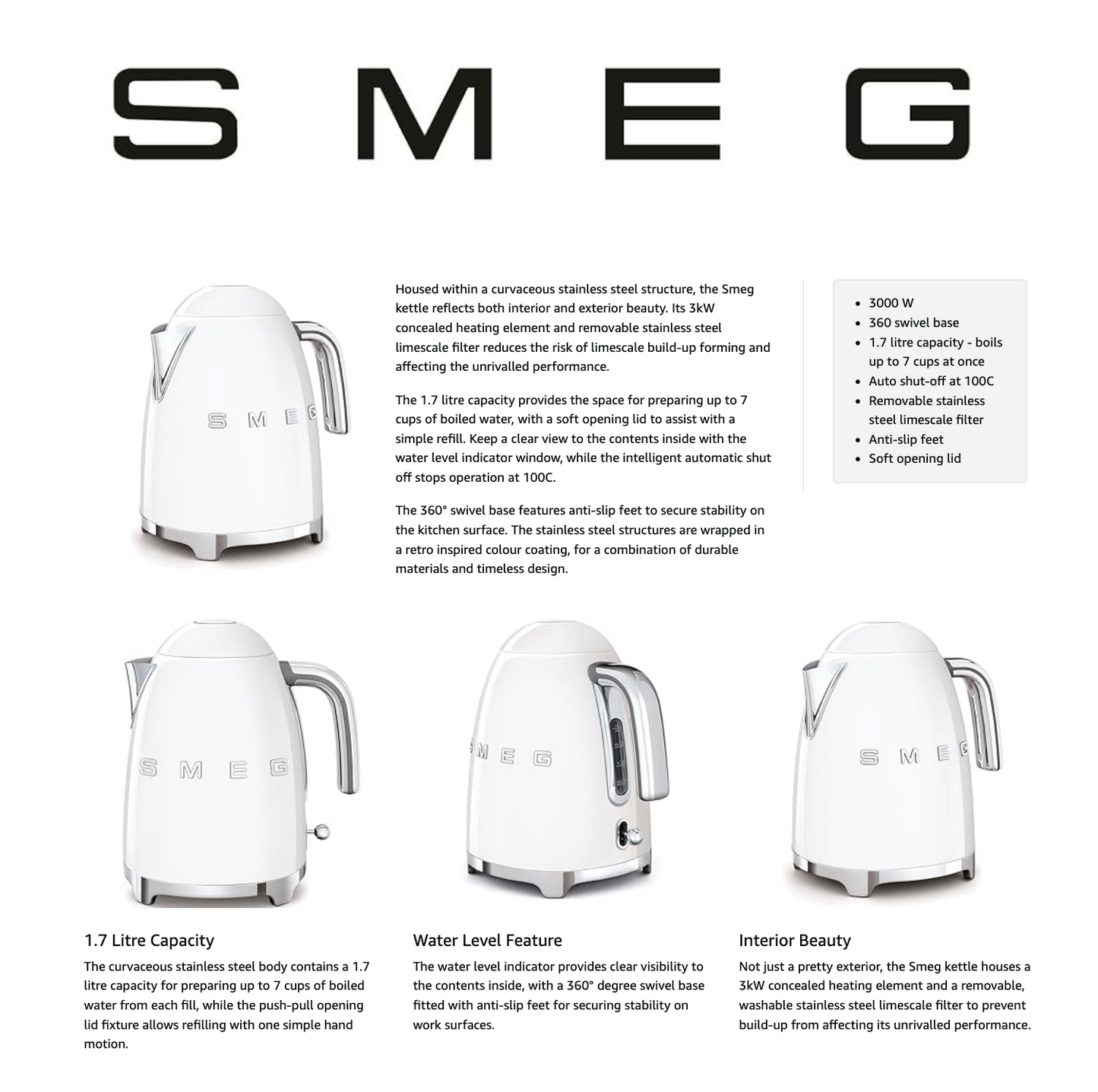 Smeg Retro Kettle KLF03WHUK (White).
