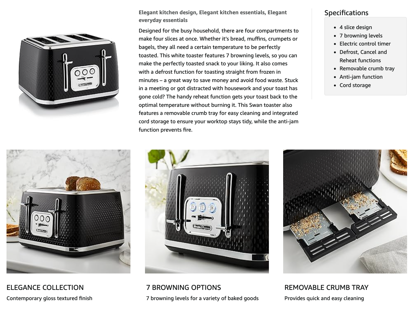 Swan Elegance 4 Slice Toaster ST19025BLK (Black)