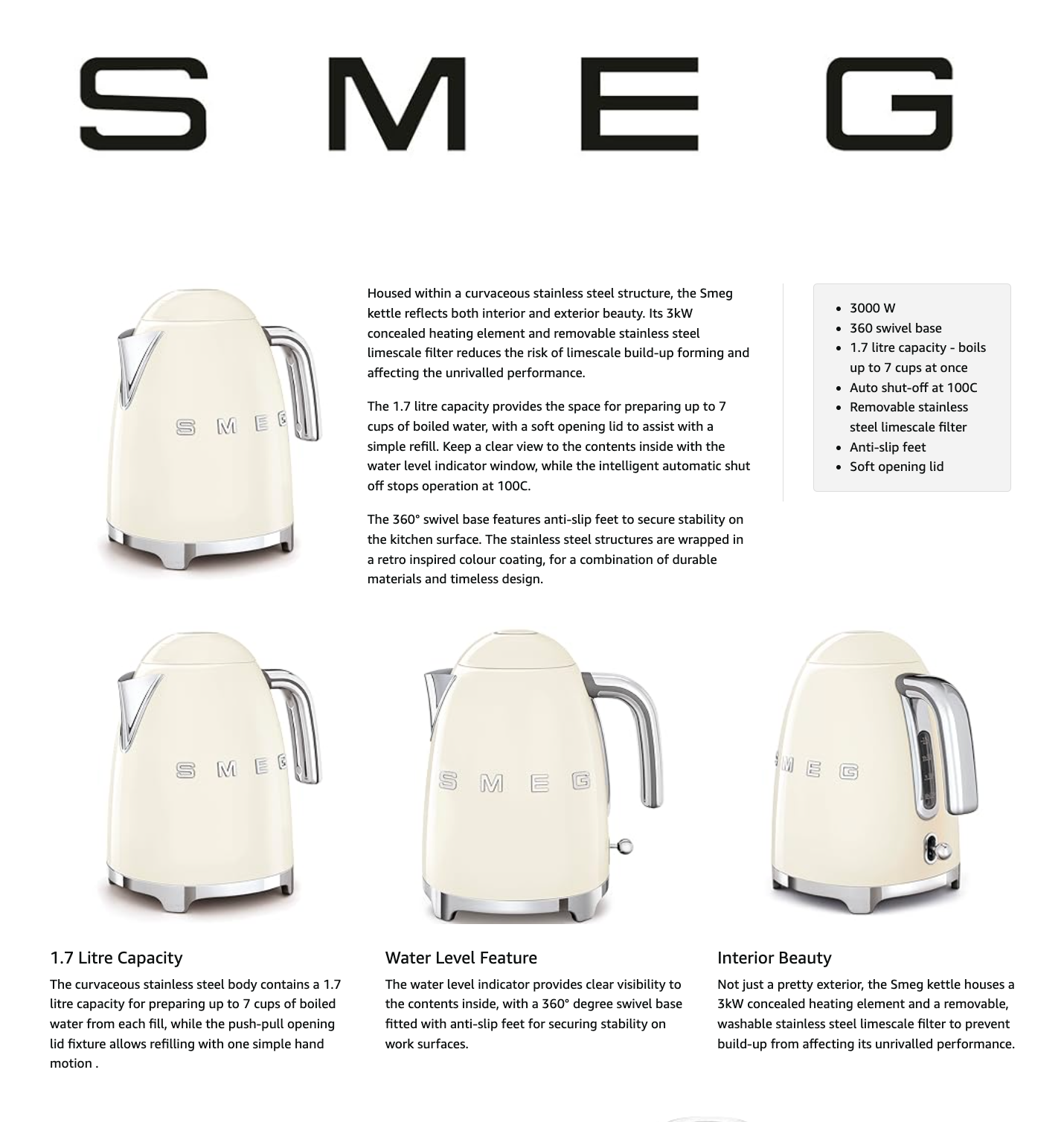 Smeg Retro Kettle KLF03CRUK (Cream).