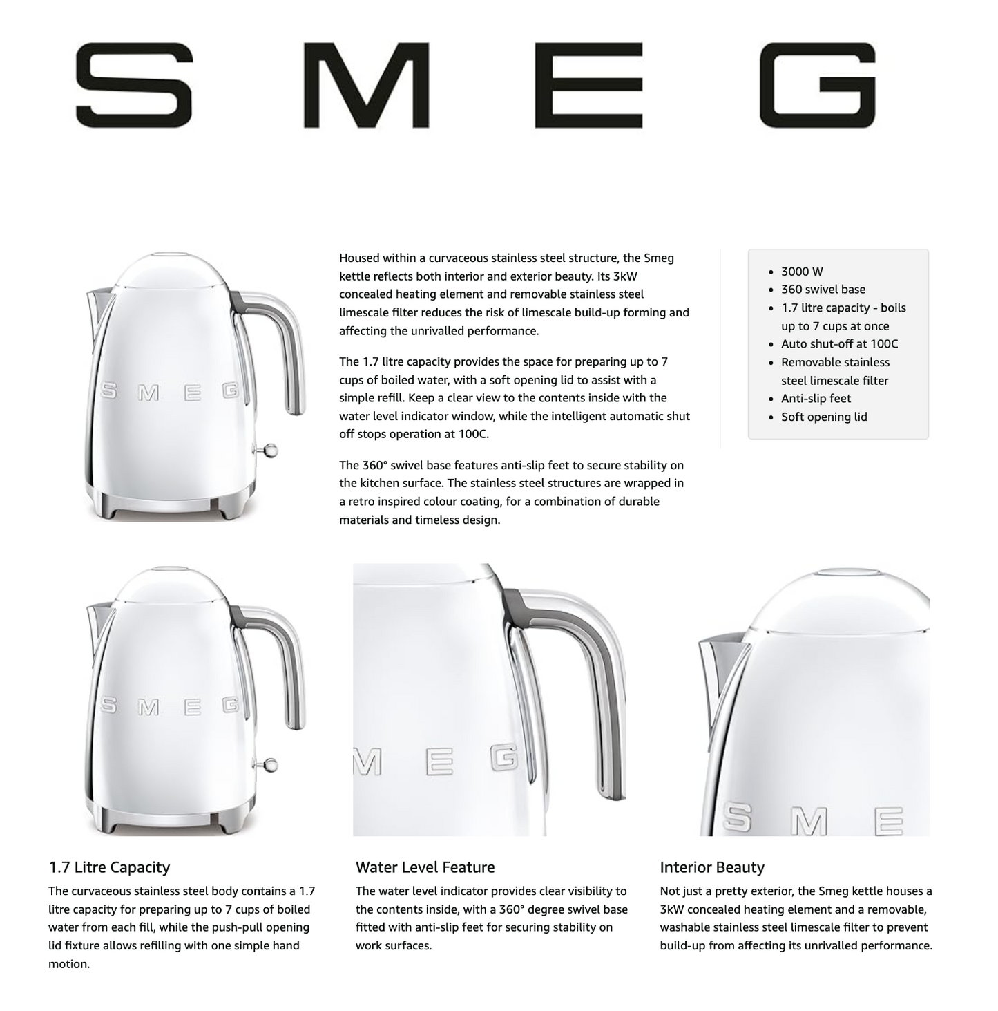 Smeg Stainless Steel Kettle KLF03SSUK (Silver).