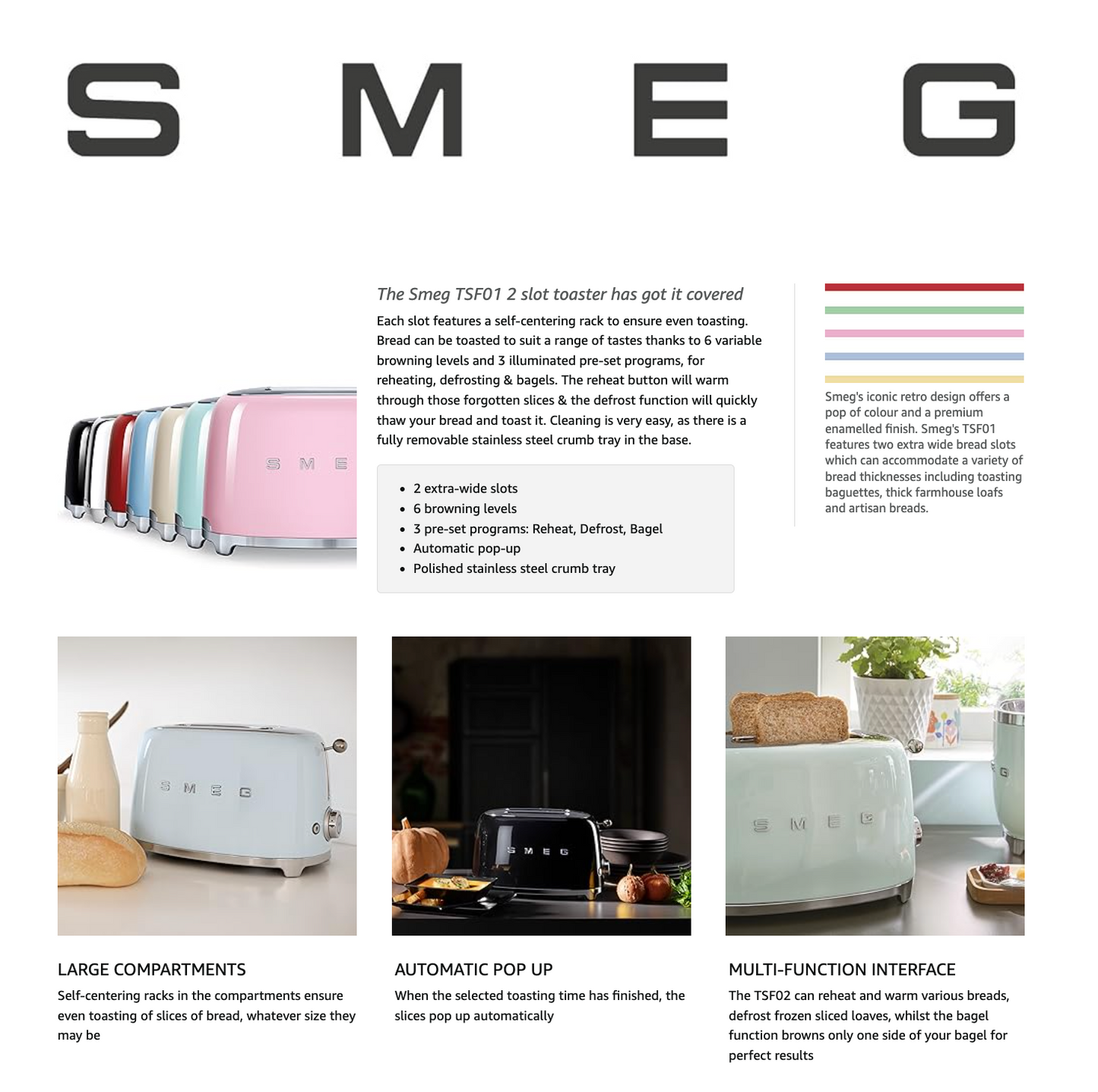 Smeg Retro 50's Style 2 Slice Toaster TSF01PBUK (Pastel Blue).
