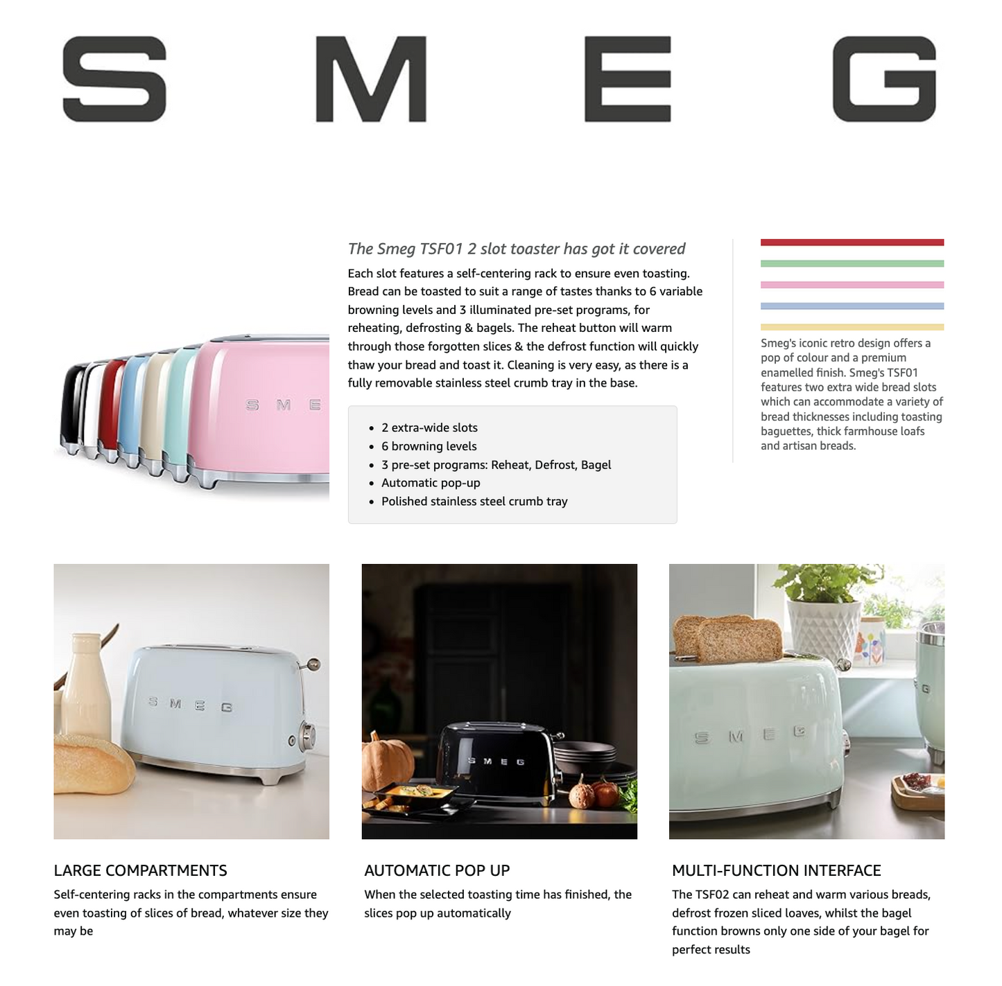 Smeg Retro 2 Slice Toaster TSF01PKUK (Pastel Pink)