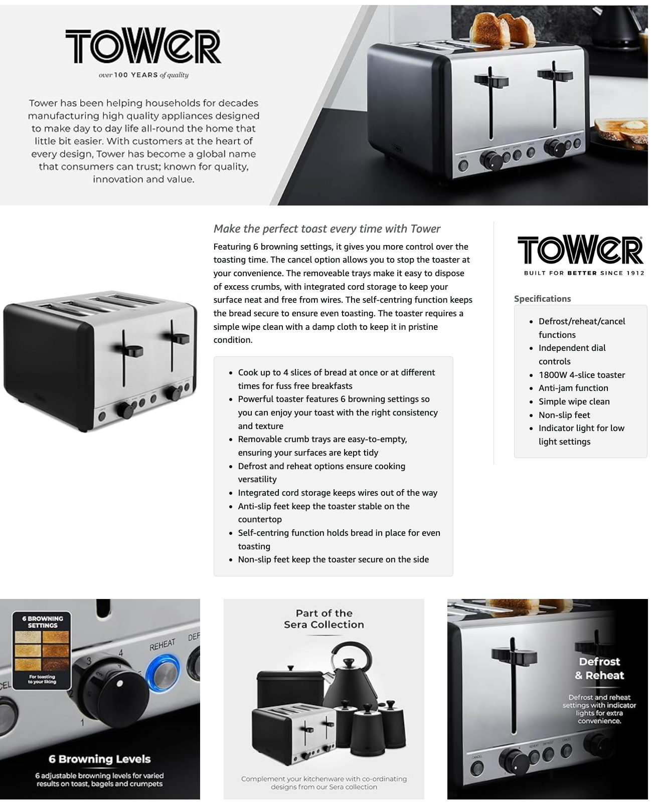 Tower Sera Black 4 Slice Toaster T20086BLK