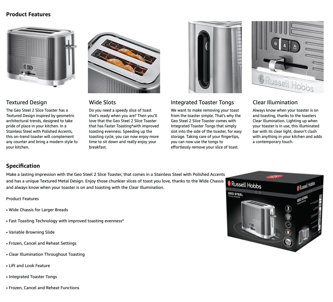 Russell Hobbs Geo Steel 2 Slice Toaster 25250 (Grey).