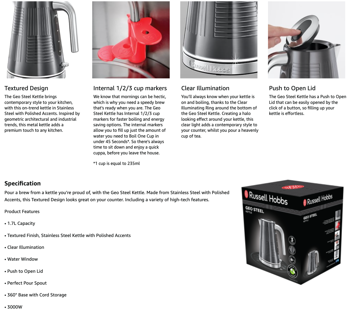Russell Hobbs Geo Steel Jug Kettle 25240 (Grey).
