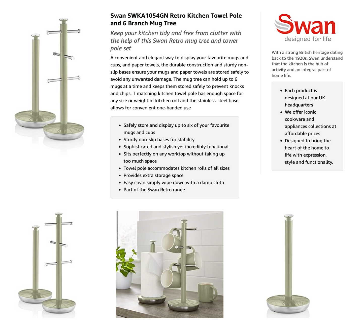 Swan Retro Towel Pole & Mug Tree Kitchen Set SWKA1054GN (Green).