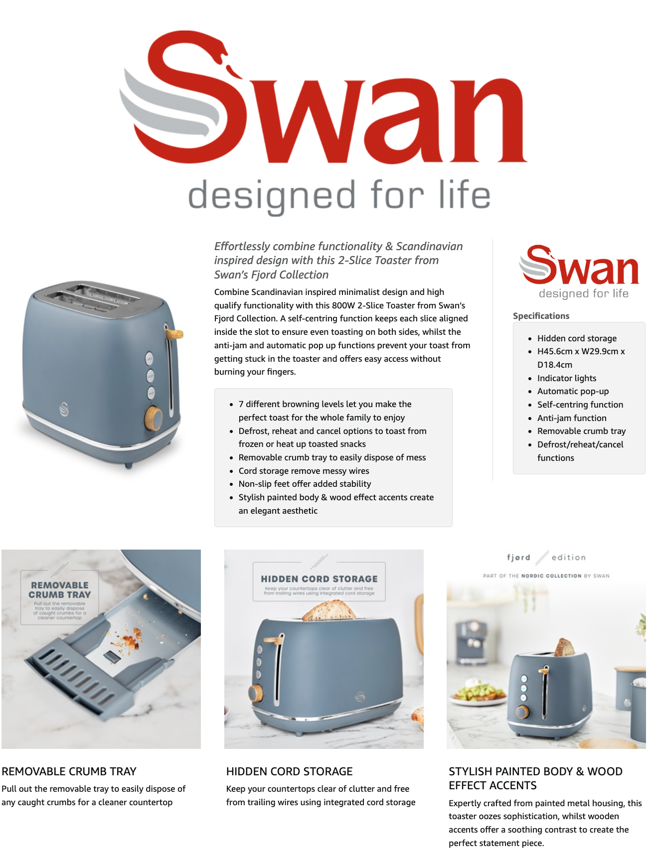 Swan Fjord Grey 2 Slice Toaster ST19030GRY
