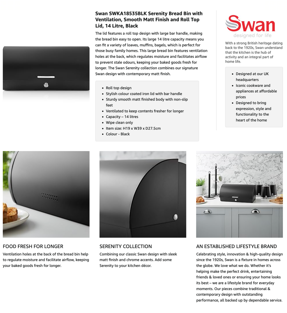 Swan Swan Serenity Bread Bin SWKA18535BLK (Black)