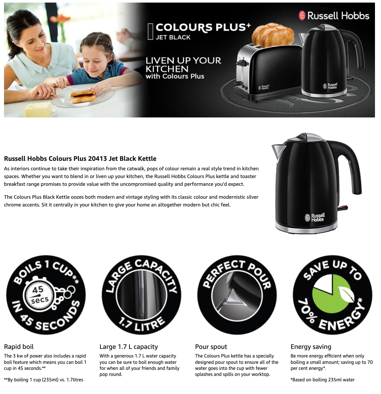Russell Hobbs Classic Colours Jug Kettle 20413 (Black).