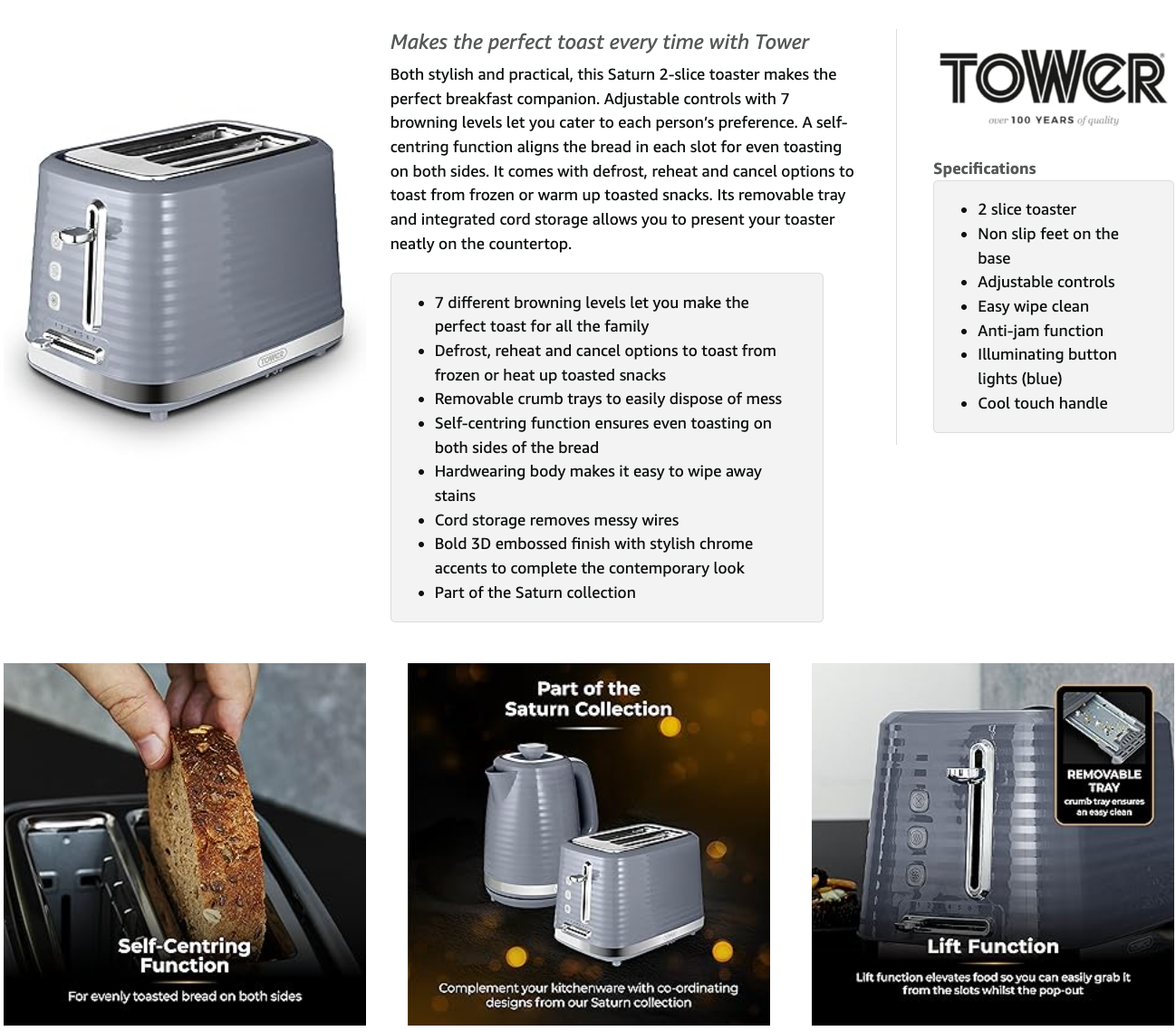 Tower Saturn 2 Slice Toaster T20083GRY (Grey)