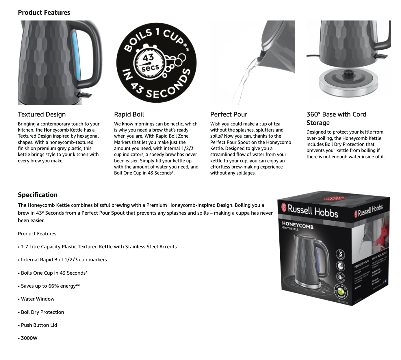 Russell Hobbs Honeycomb Kettle 26053 (Grey) - Vibe Home