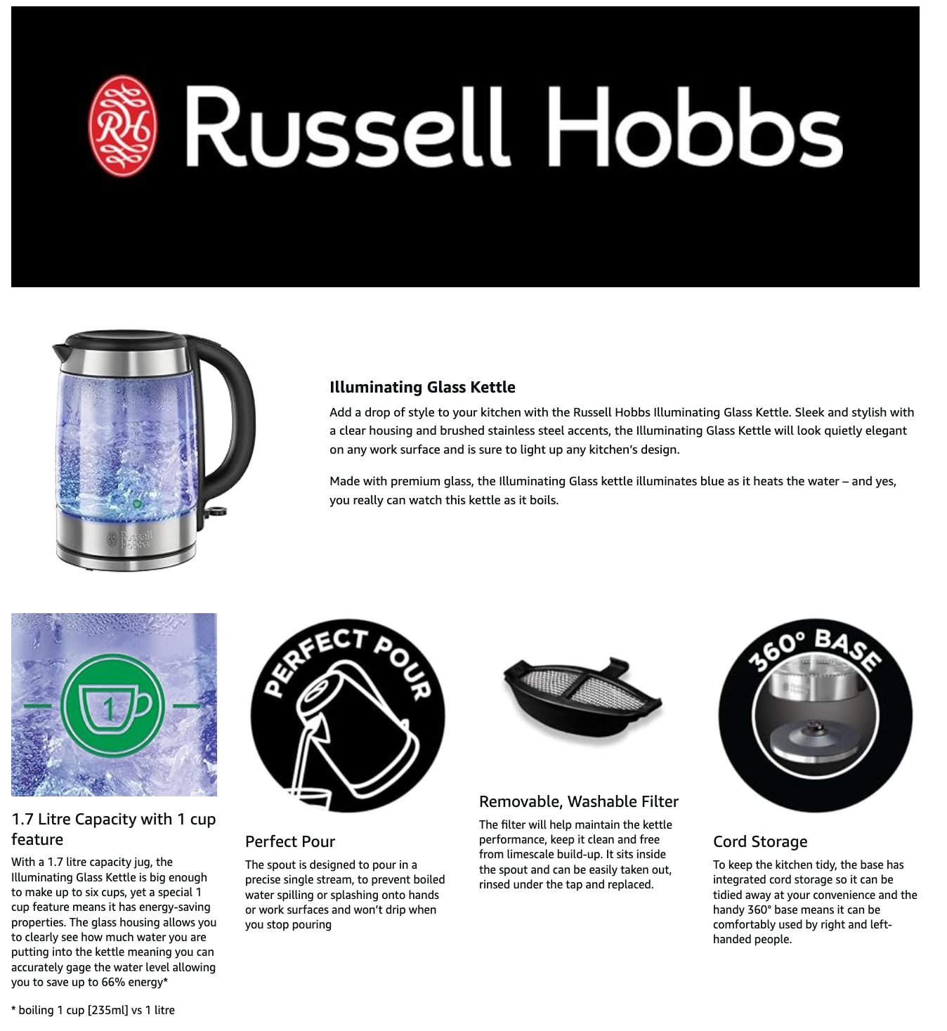 Russell Hobbs Illuminating Glass Kettle 21600 (Silver).