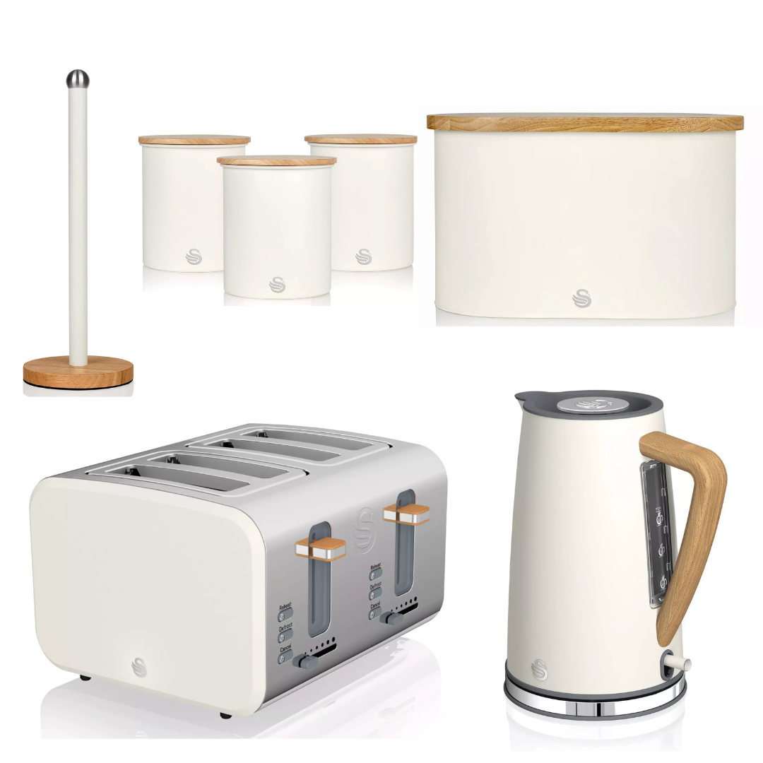 Swan Swan Nordic Kettle, 4 Slice Toaster, Bread Bin, Canisters & Towel Pole Set (Cotton White)