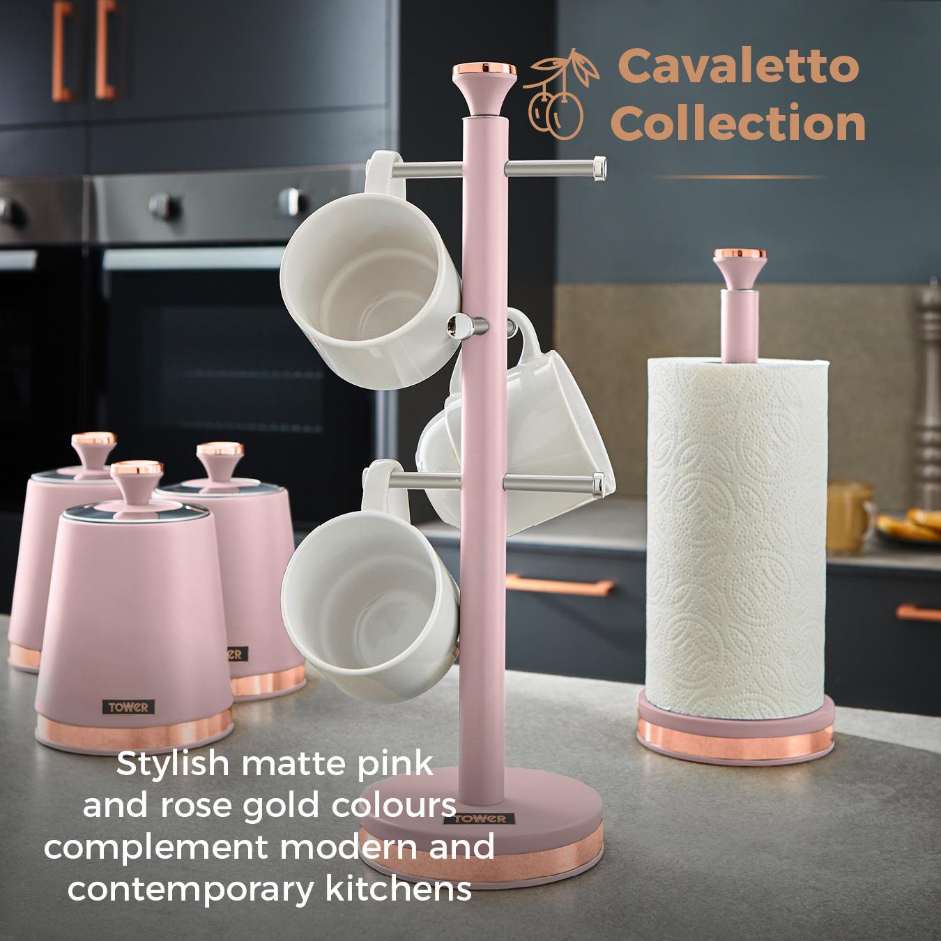 Tower Cavaletto Pyramid Kettle, 2 Slice Toaster, Bread Bin, Canisters, Towel Pole & Mug Tree Kitchen Set (Marshmallow Pink) Kitchen Sets