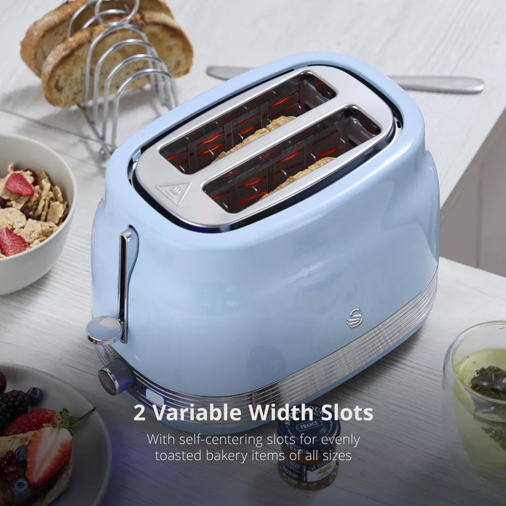Swan Swan Retro Pyramid Kettle, 2 Slice Toaster, Bread Bin & Canisters Kitchen Set (Blue)