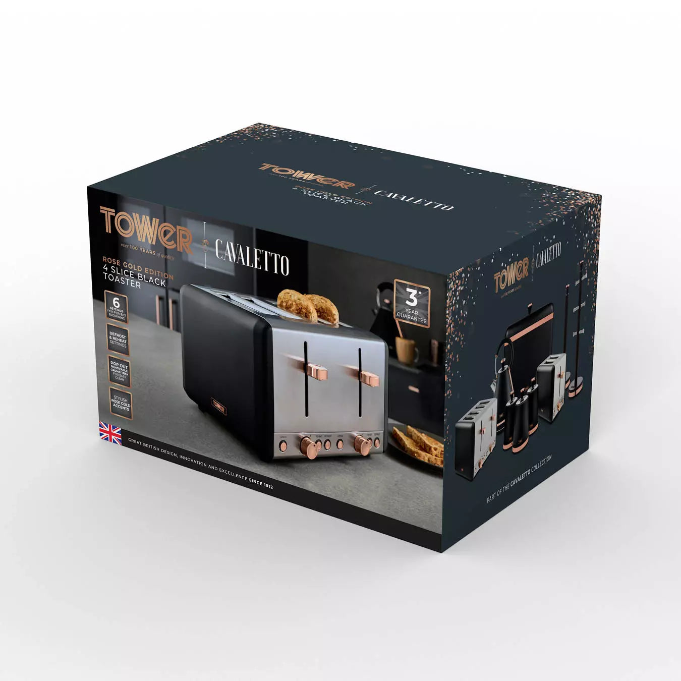 Tower Cavaletto Jug Kettle, 4 Slice Toaster, Canisters & Bread Bin (Black)