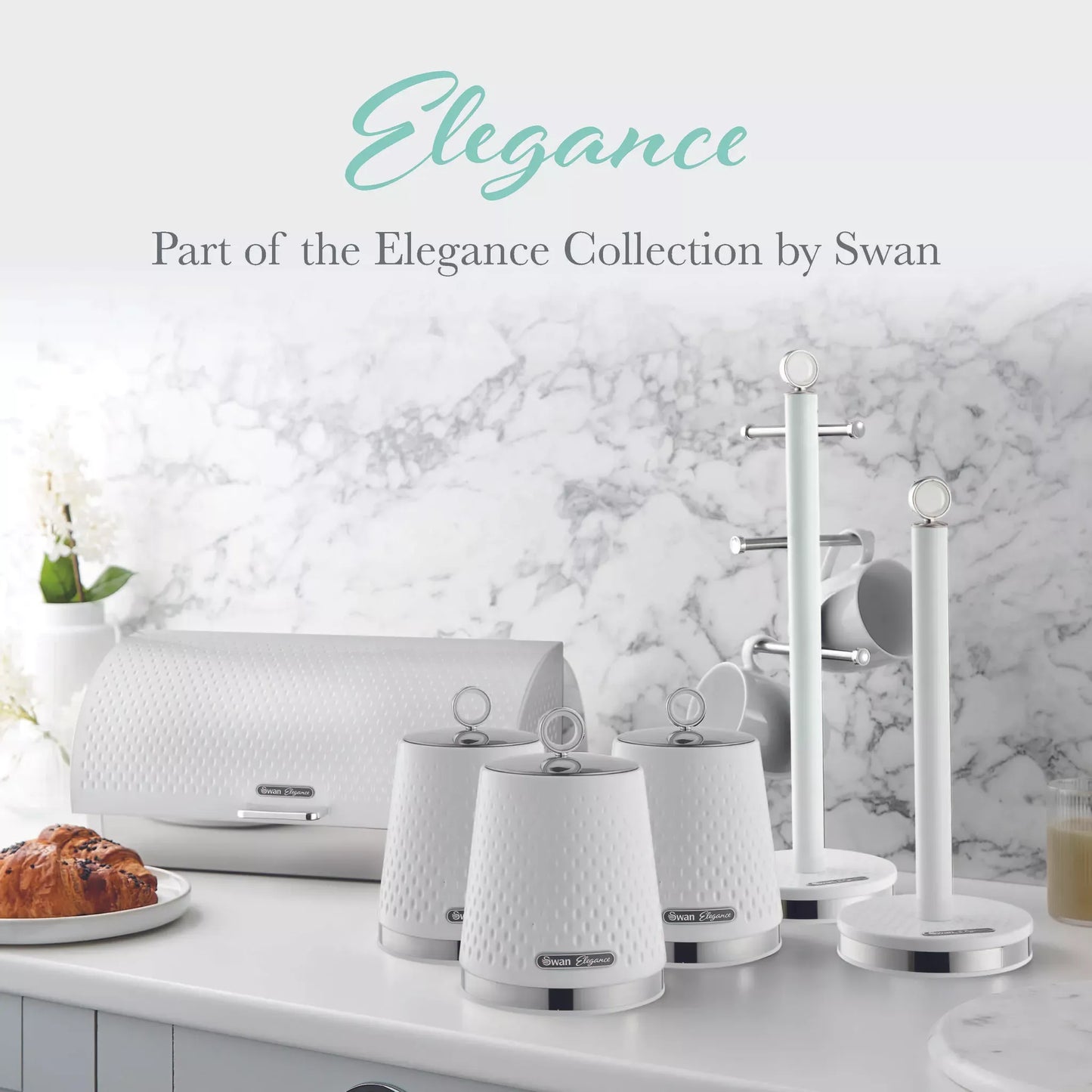 Swan Swan Elegance Kettle, 4 Slice Toaster, Bread Bin, Canisters, Towel Pole & Mug Tree Set (White)