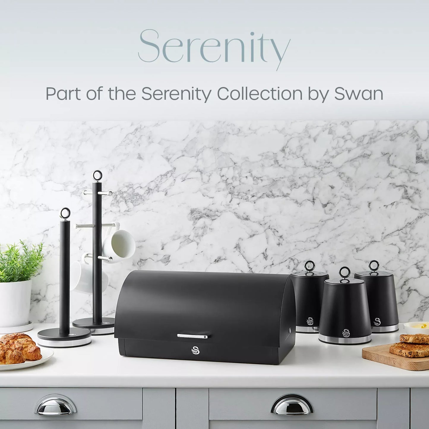 Swan Swan Serenity Kettle, 4 Slice Toaster, Bread Bin & Canisters Kitchen Set (Black)