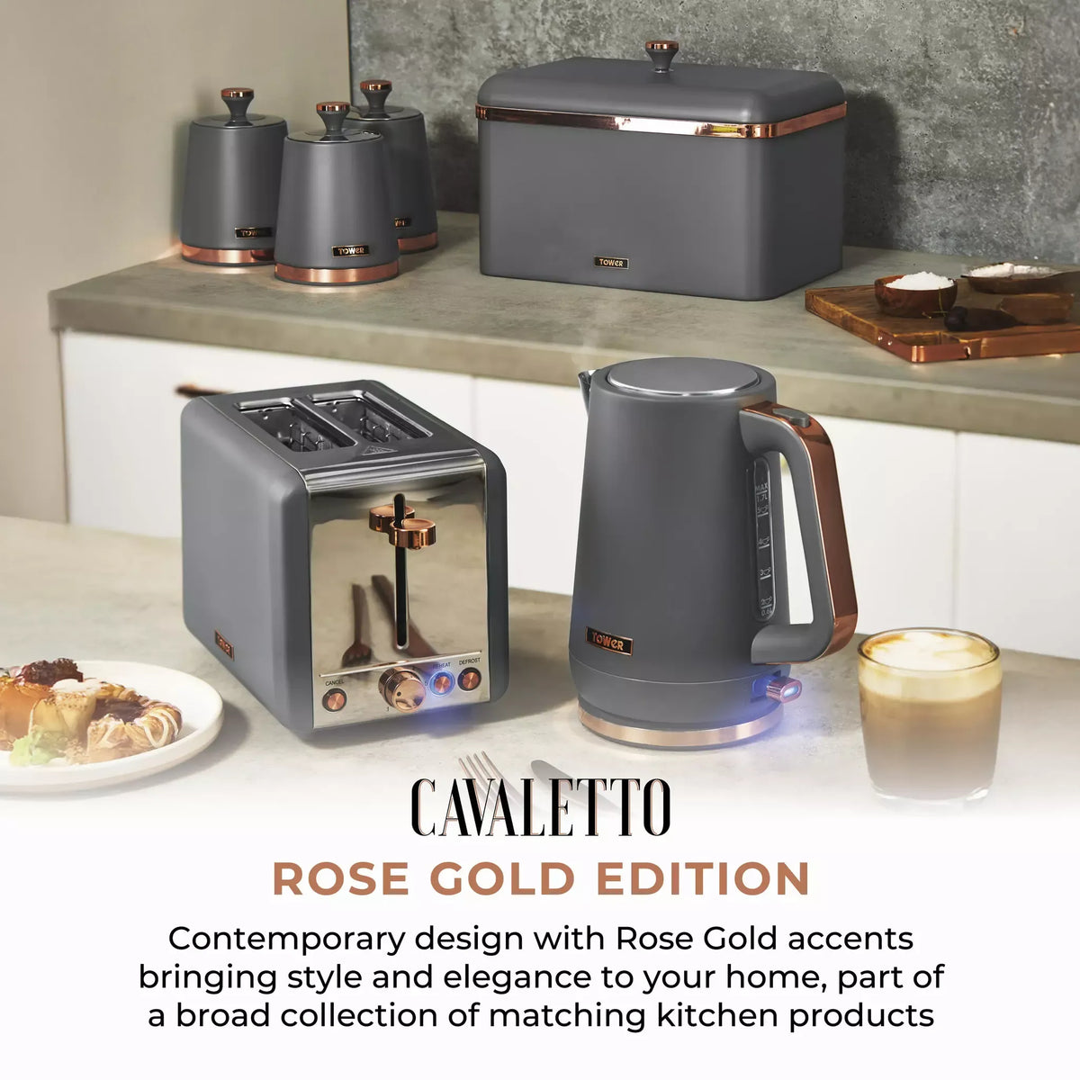 Tower Tower Cavaletto Jug Kettle & 4 Slice Toaster Kitchen Set (Grey)