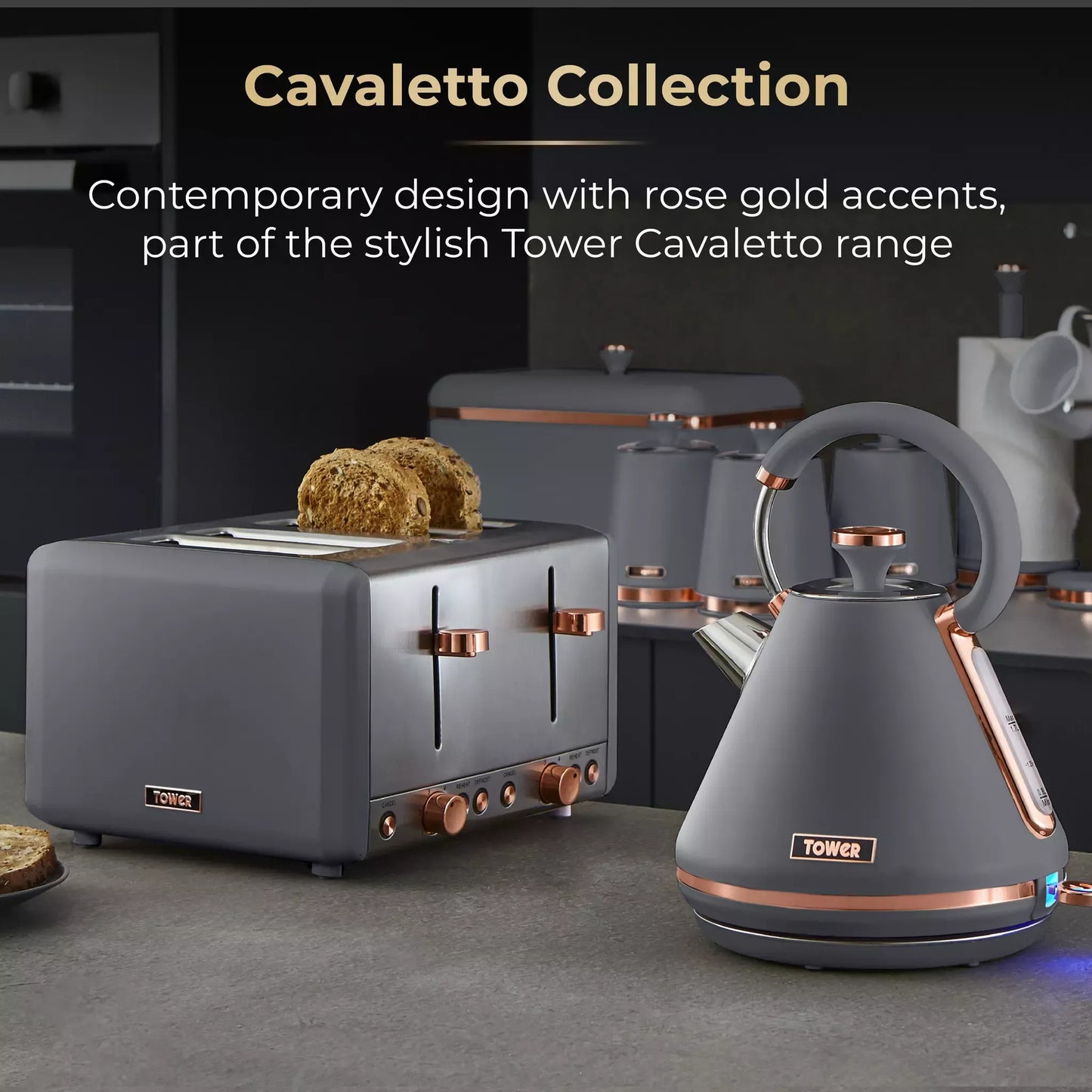 Tower Tower Cavaletto Jug Kettle, 2 Slice Toaster, Bread Bin & Canisters Kitchen Set (Grey)