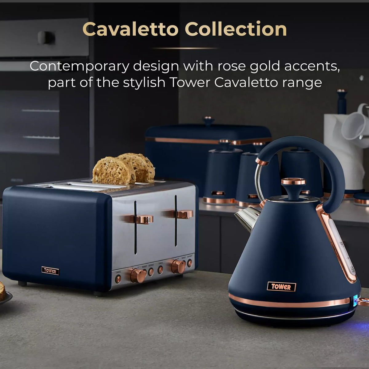 Tower Tower Cavaletto Pyramid Kettle & 2 Slice Toaster Kitchen Set (Midnight Blue)