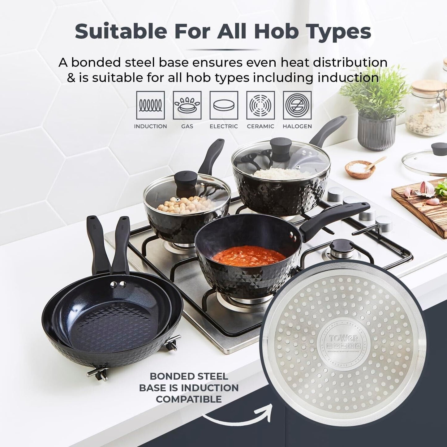 Tower Diamo 5-Piece Pan Set | Non-Stick Diamond Coating Saucepan Cookware