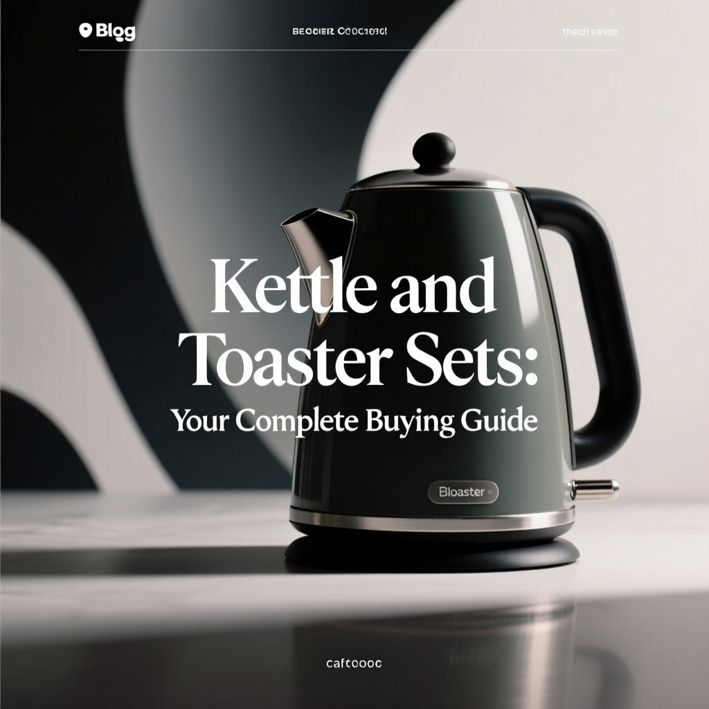 A sleek, dark grey electric kettle sits on a marble surface, advertising "Kettle and Toaster Sets: Your Complete Buying Guide."