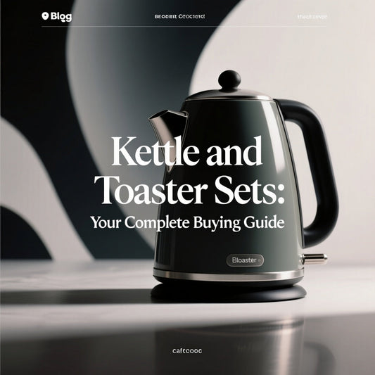 A sleek, dark grey electric kettle sits on a marble surface, advertising "Kettle and Toaster Sets: Your Complete Buying Guide."