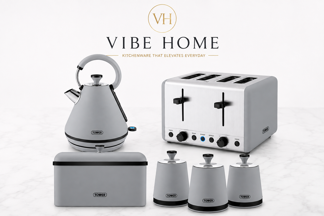 Grey kettle toaster and matching kitchen accessories in a modern kitchen