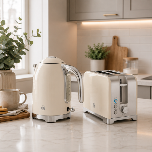 Swan Solace Jug Kettle, 2 Slice Toaster, Bread Bin & Canisters (Cream) sets