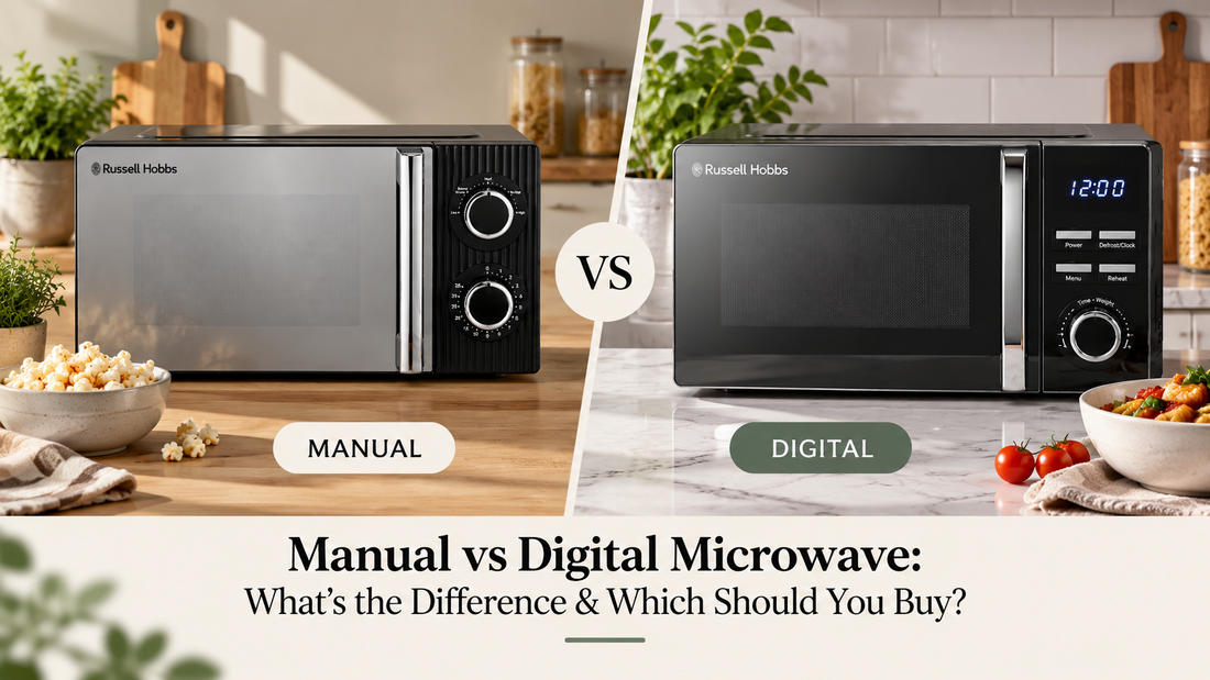 Manual and digital microwaves showing the difference between dial and digital controls