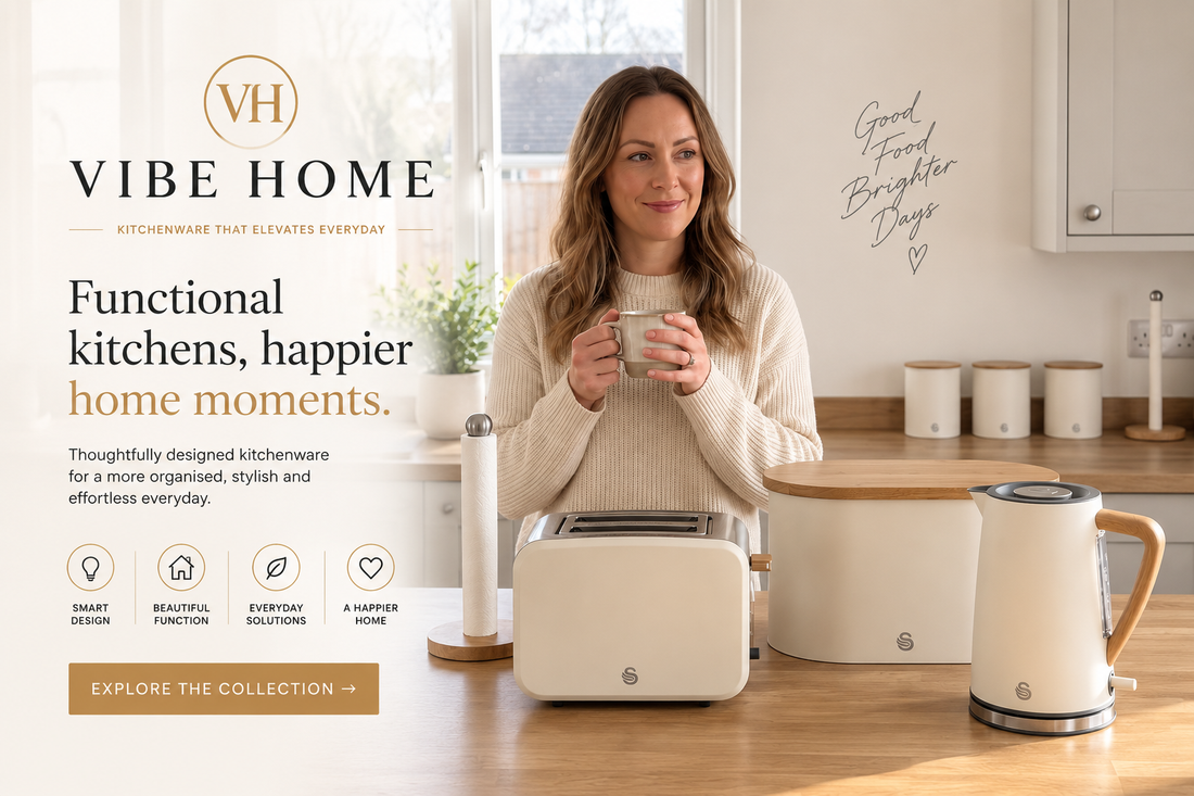 Stylish kitchen makeover with matching kettle toaster and coordinated worktop accessories