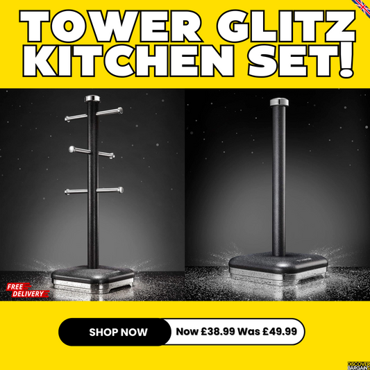 tower glitz set black kitchen mug tree towel roll pole