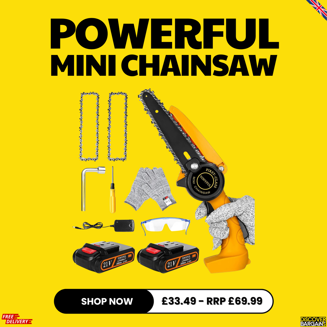 Handheld Cordless Mini Chainsaw - get garden ready! discover-bargains UK.